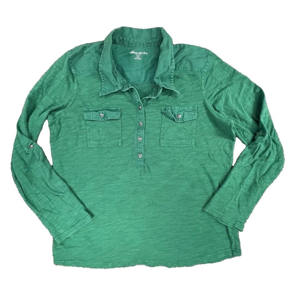 Eddie Bauer Women’s Henley XL Green Cotton Linen Longsleeve roll-tab long sleeve